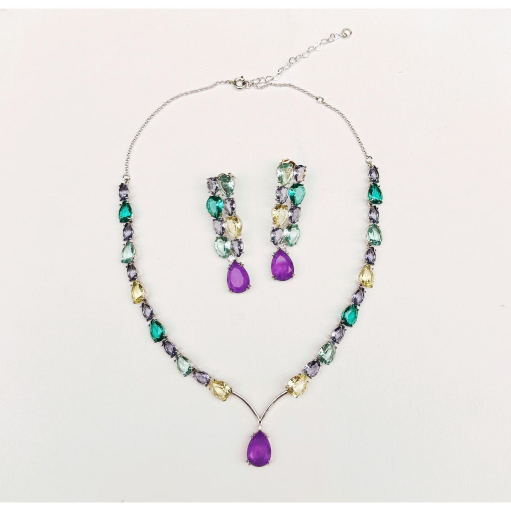 Colorful Gemstone Silver Necklace & Earring Set