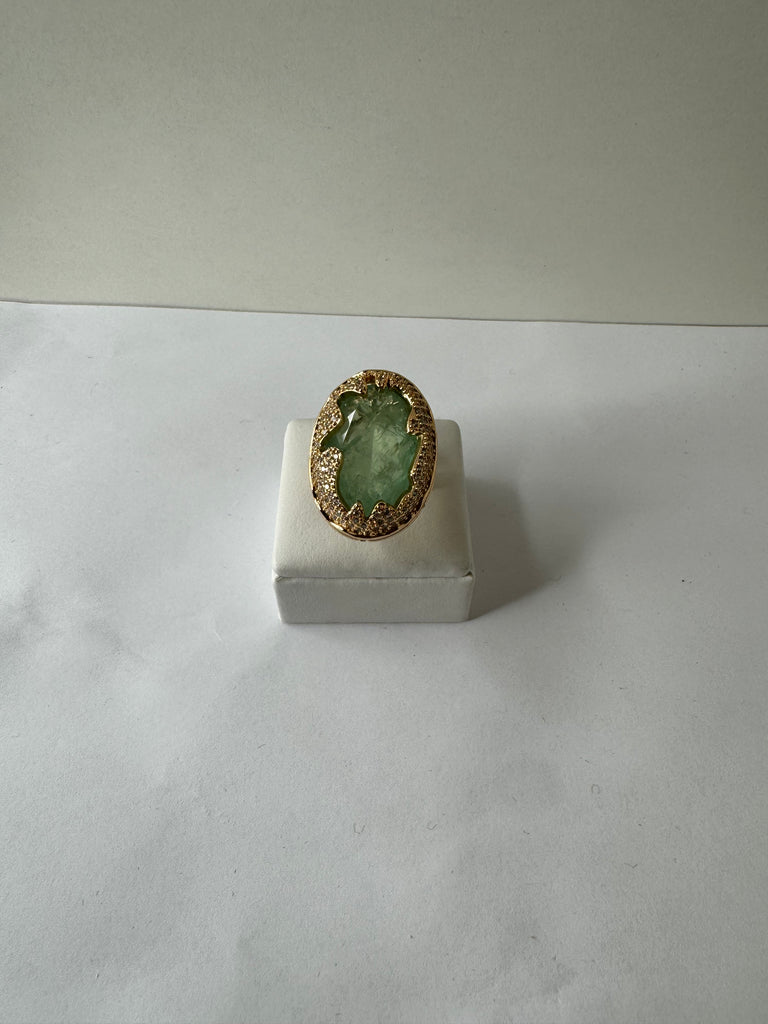 Green Quartz Statement Ring with Crystal Halo