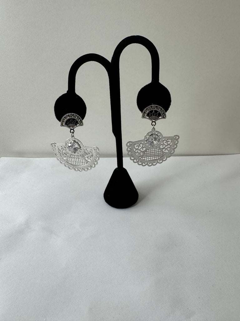 Silver Fan Filigree Drop Earrings