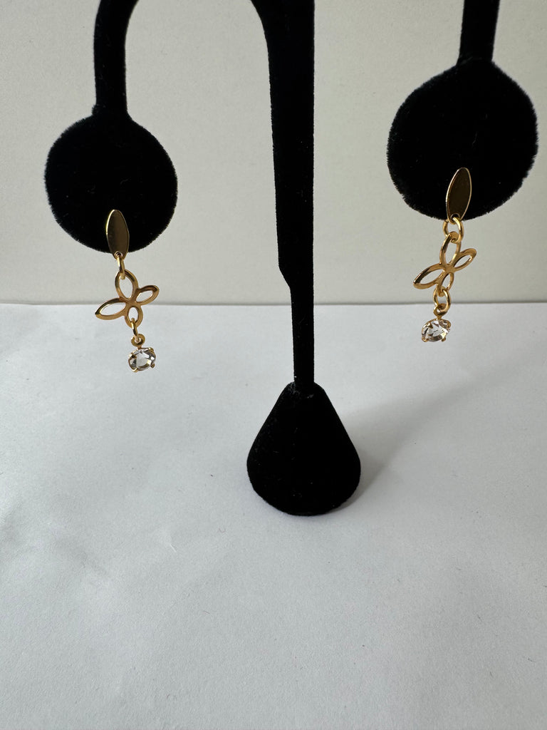 Gold Clover & Crystal Drop Earrings