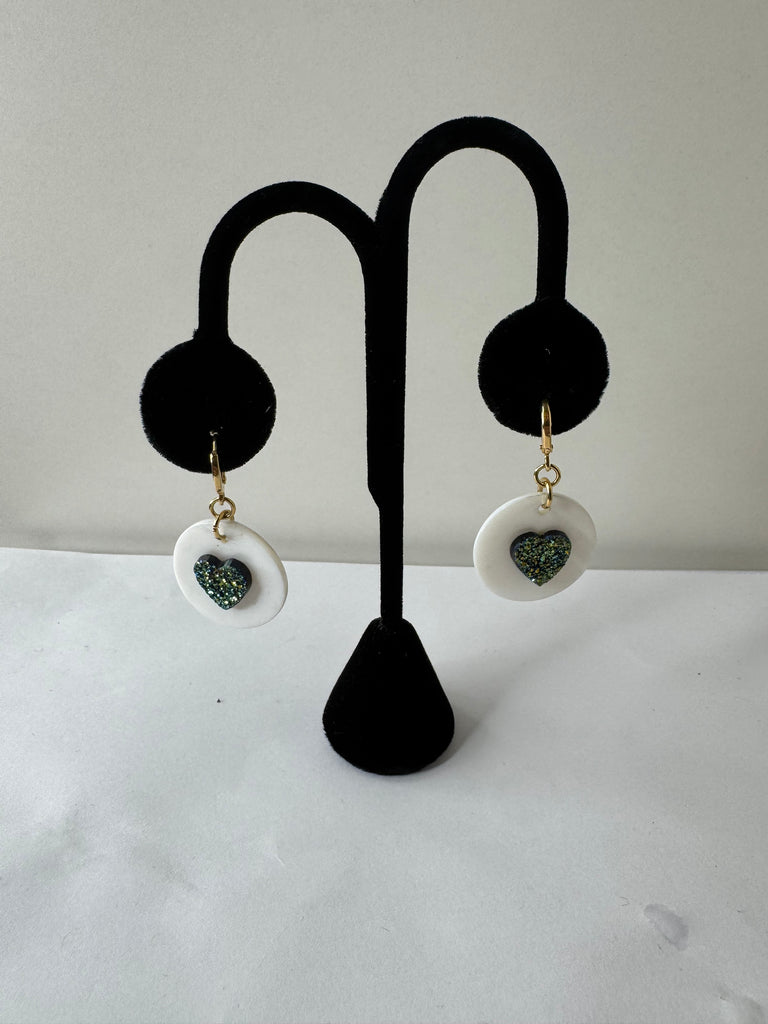 White Disc & Glitter Heart Earrings