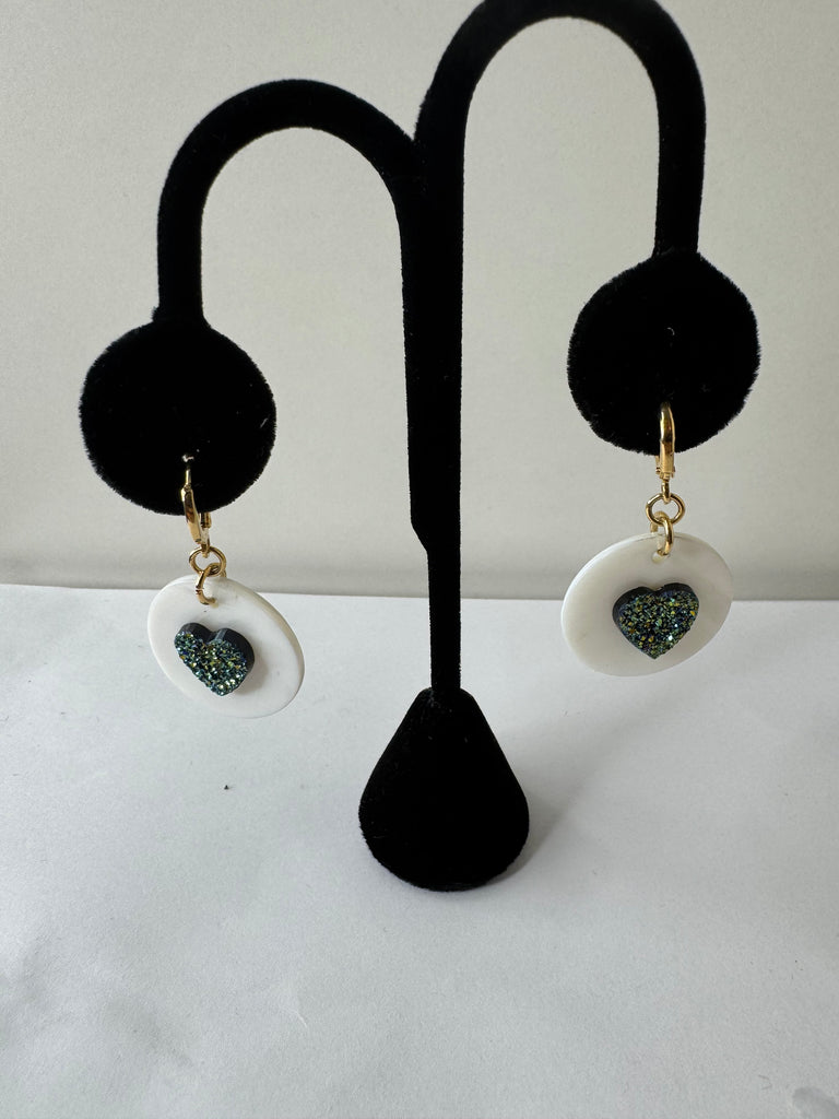White Disc & Glitter Heart Earrings