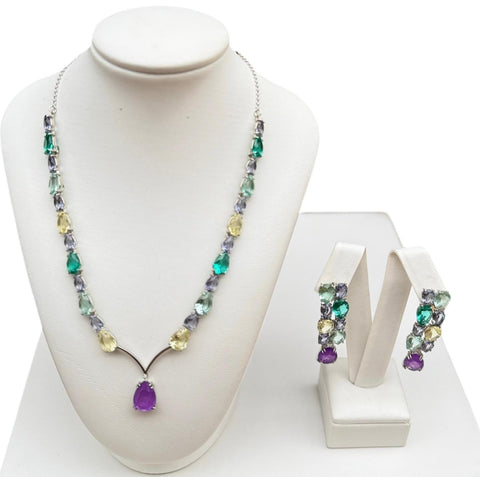 Colorful Gemstone Silver Necklace & Earring Set