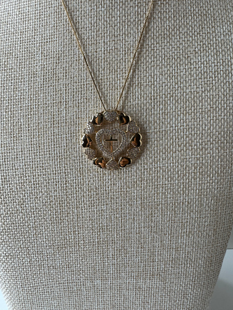 Gold Cross & Hearts Halo Necklace