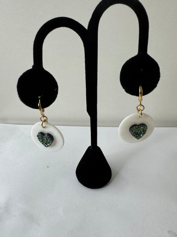 White Disc & Glitter Heart Earrings